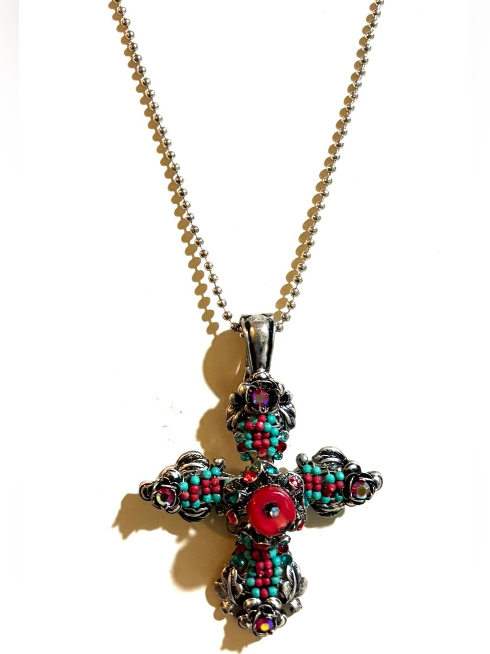Beaded Cross Pendant Necklace in Red and Teal